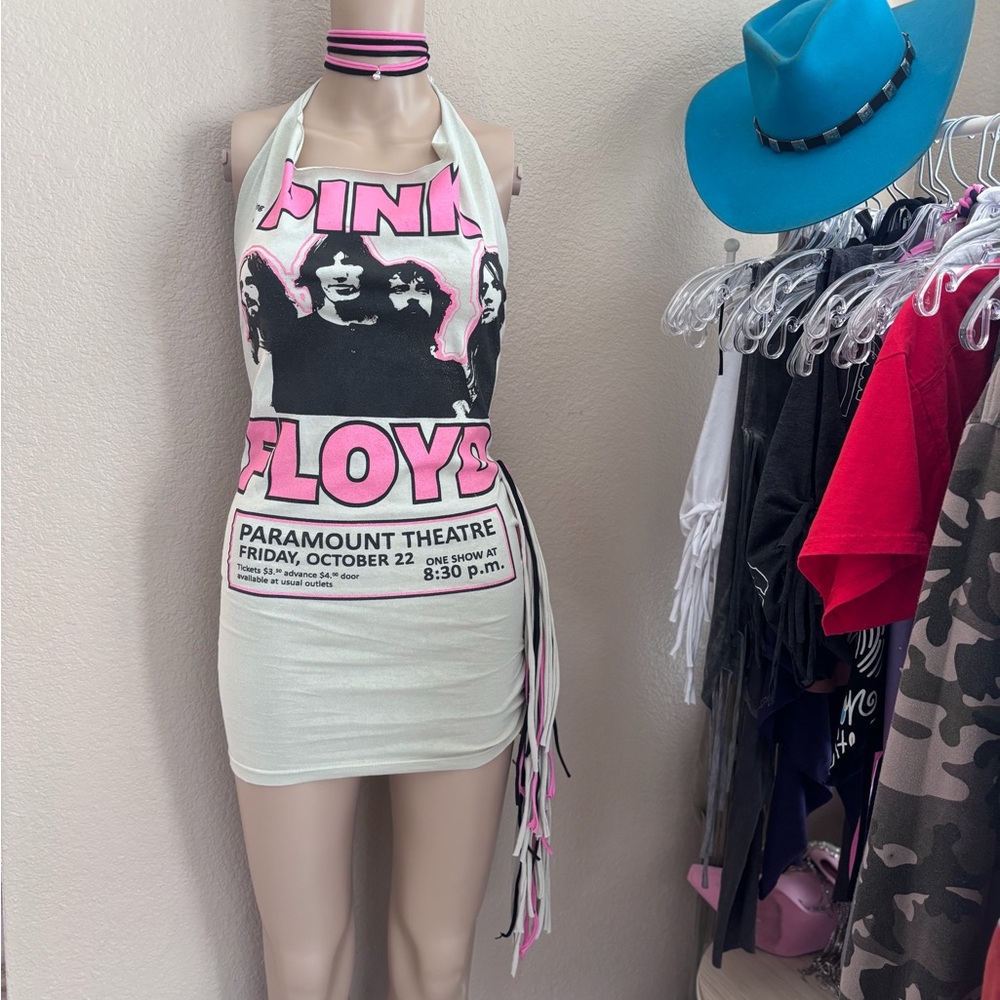 Hand Cut Pink Floyd Fringe Halter Mini Dress - Picture 3 of 6